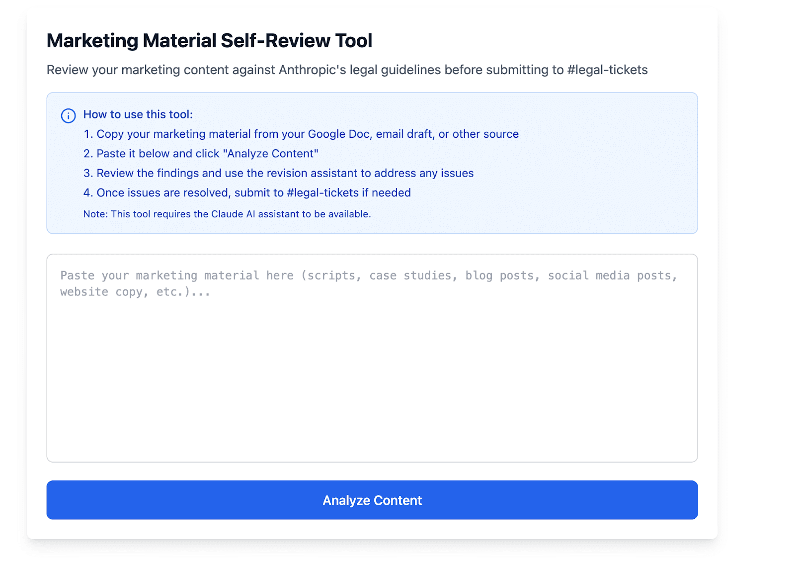 Marketing content self-review interface showing automated legal guidance