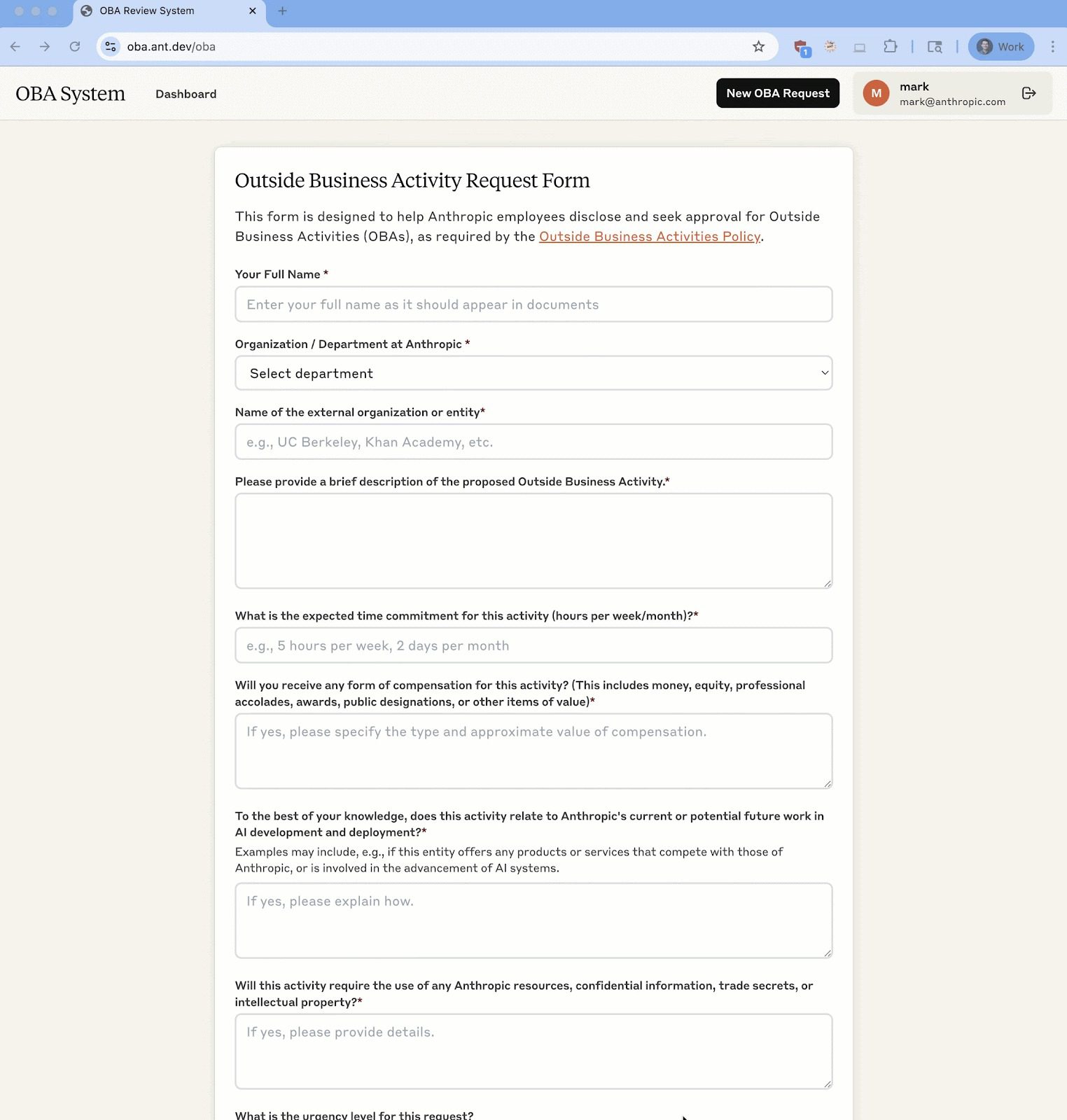 Automated conflict-of-interest review form interface