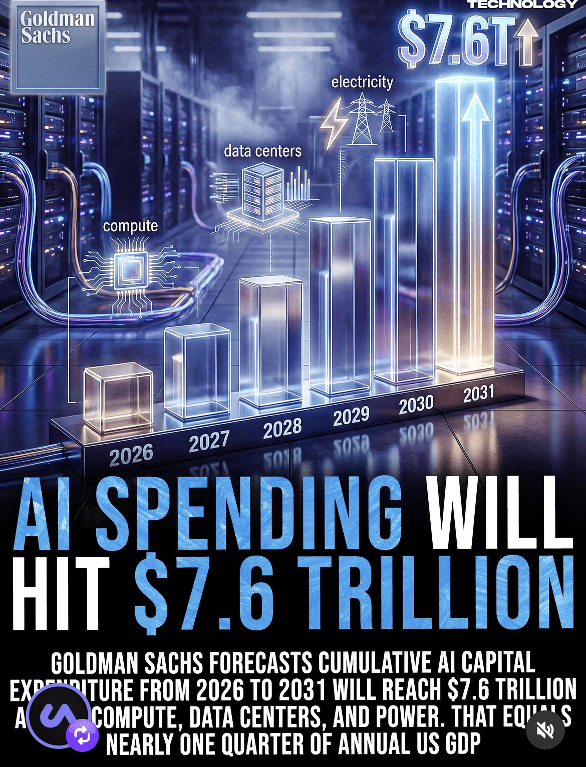Source screenshot showing Goldman Sachs AI spending forecast infographic with rising bar chart from 2026 to 2031