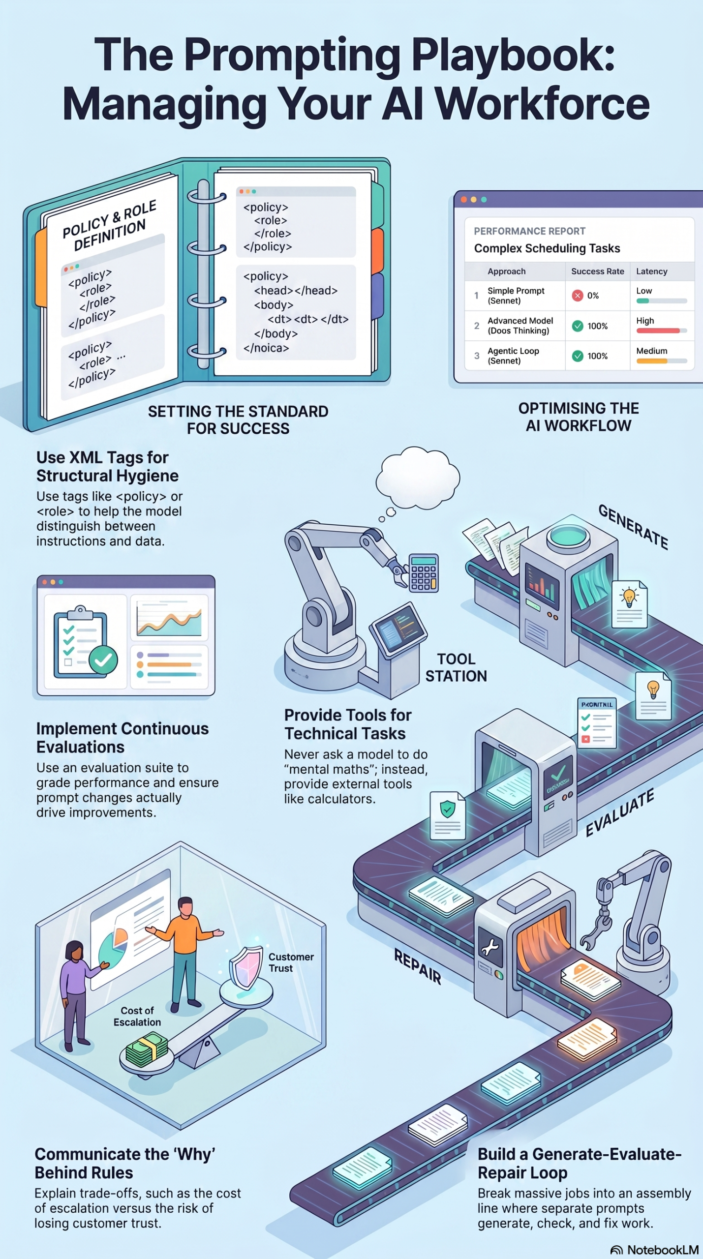 A prompting playbook infographic from NotebookLM showing the Generate-Evaluate-Repair assembly line and a performance comparison table