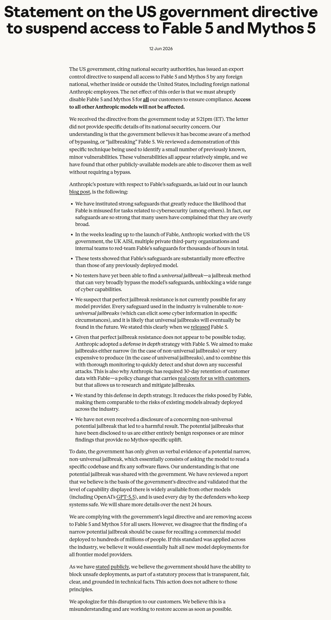 Source screenshot showing Anthropic's official statement about the government directive