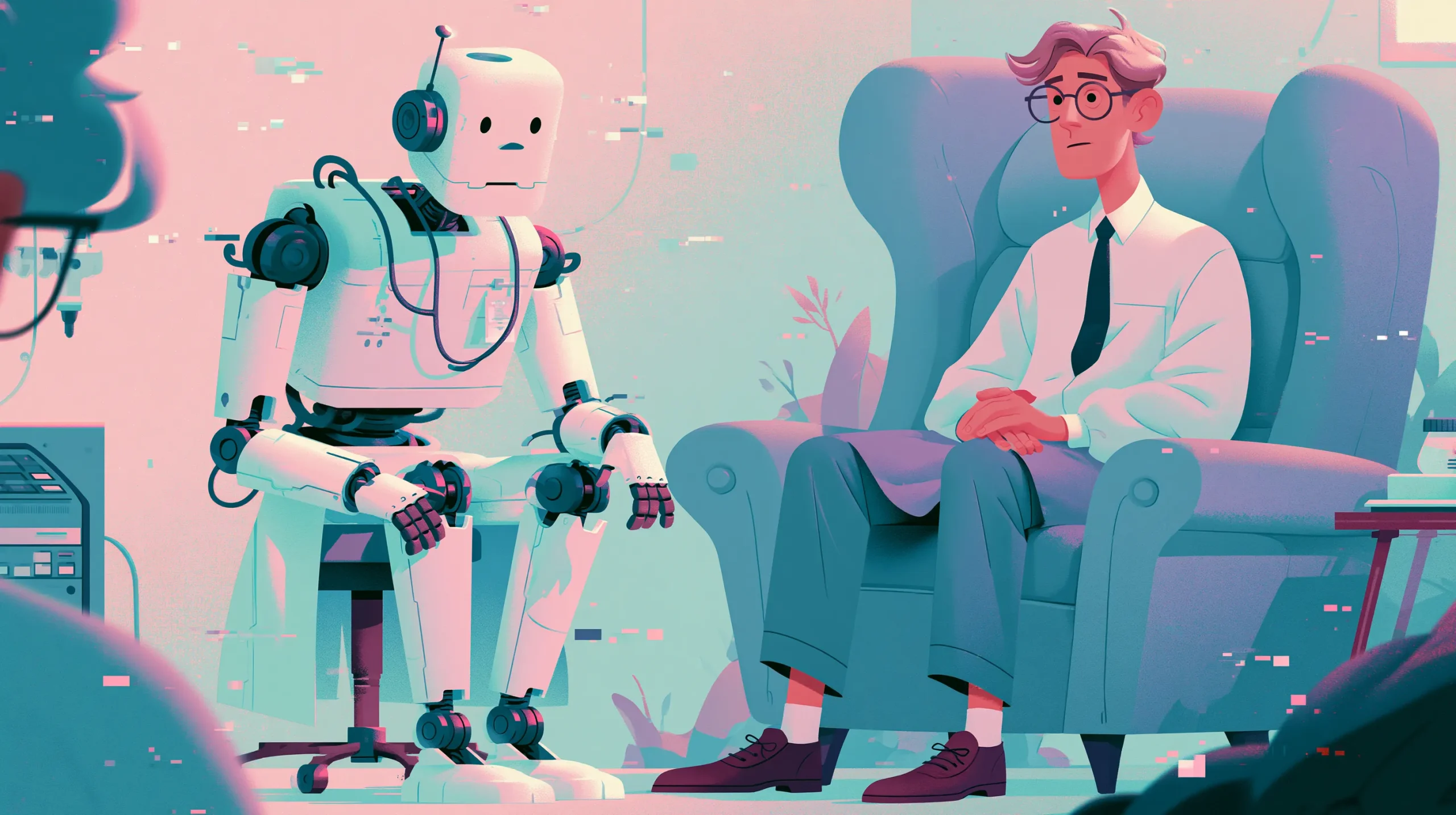 A digital illustration of a helpful robot navigating complex systems, representing AI tools assisting humans