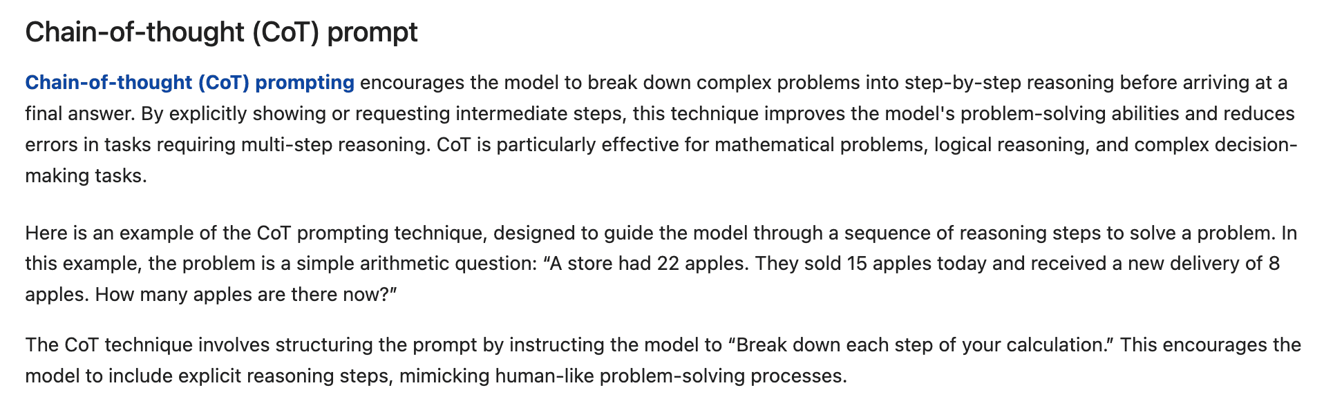 A documentation screenshot showing the chain-of-thought prompting technique with a step-by-step arithmetic example