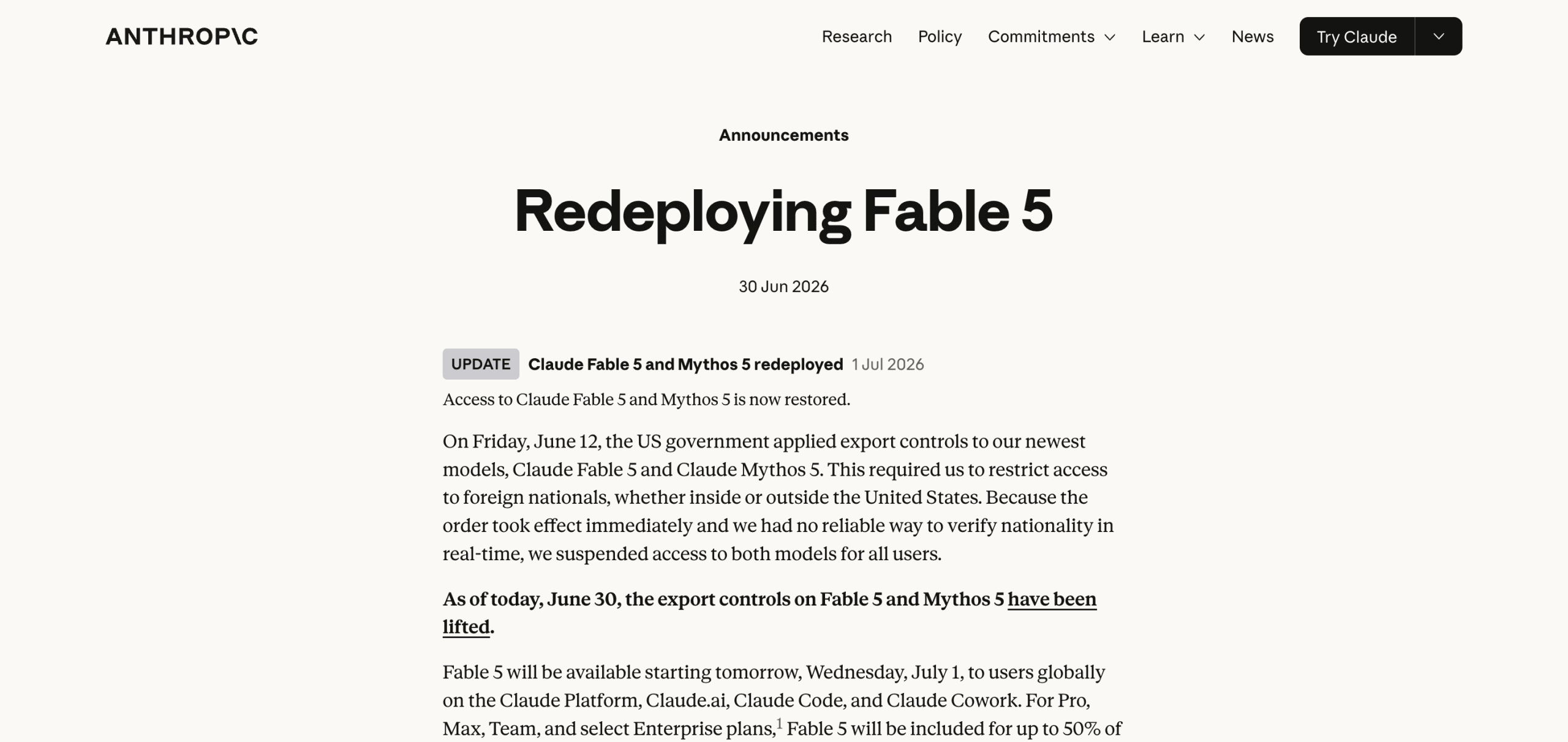 Source screenshot showing Anthropic's speculative 'Redeploying Fable 5' announcement page with export control details