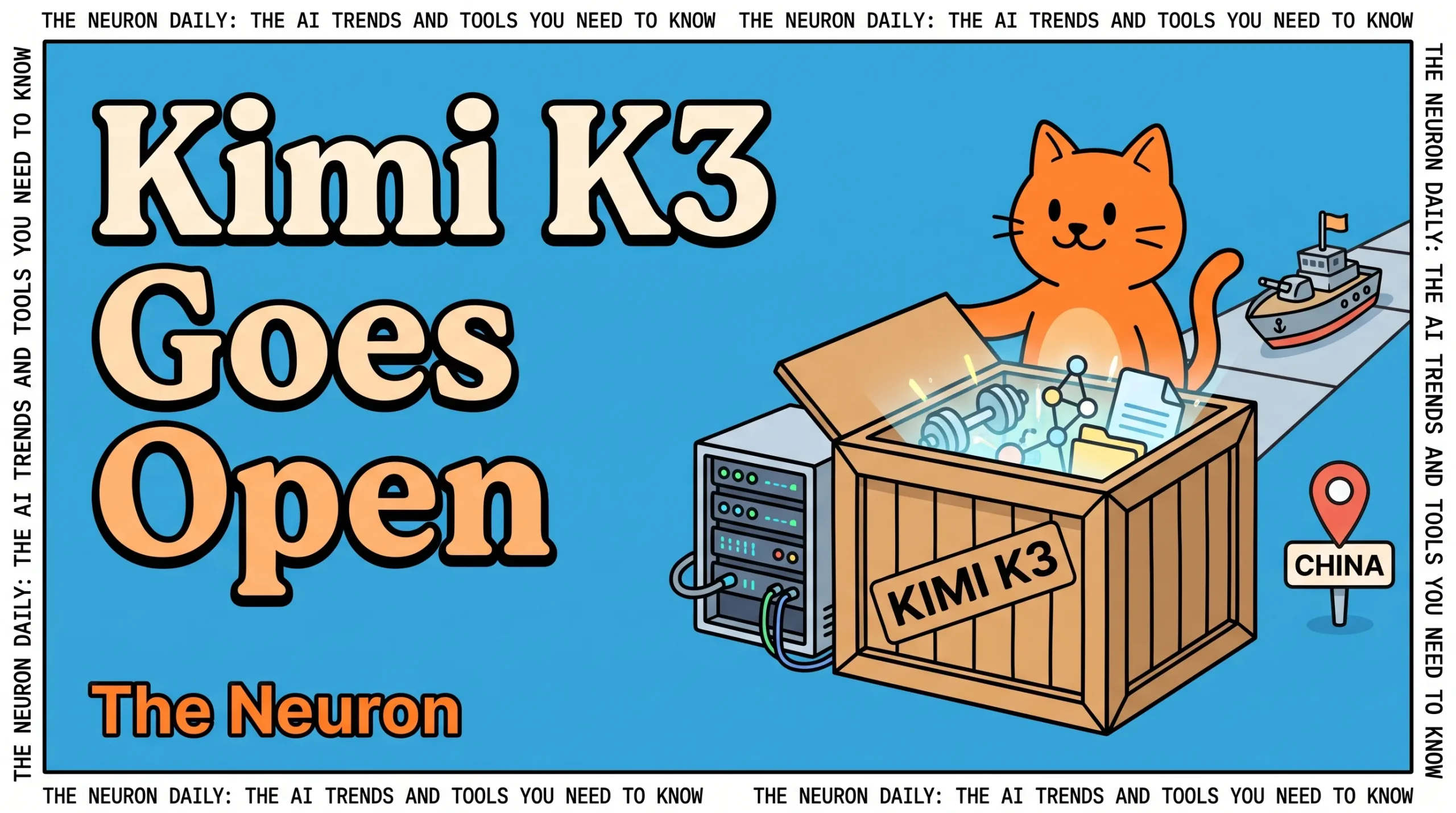 The Neuron orange cat mascot beside an open AI model crate labeled Kimi K3 with servers and model weights