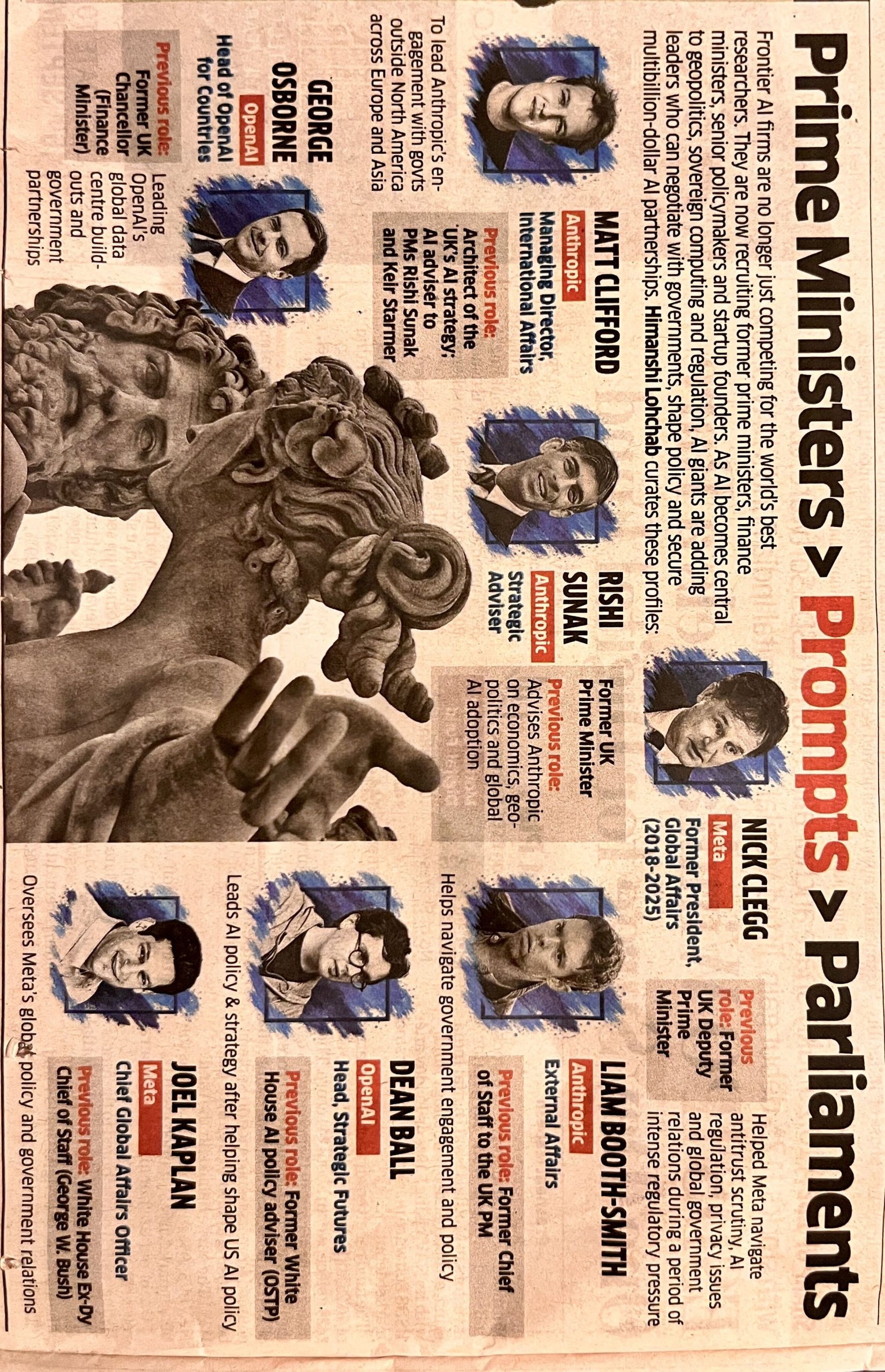 Profiles of former politicians now working for frontier AI firms including Rishi Sunak at Anthropic and George Osborne at OpenAI