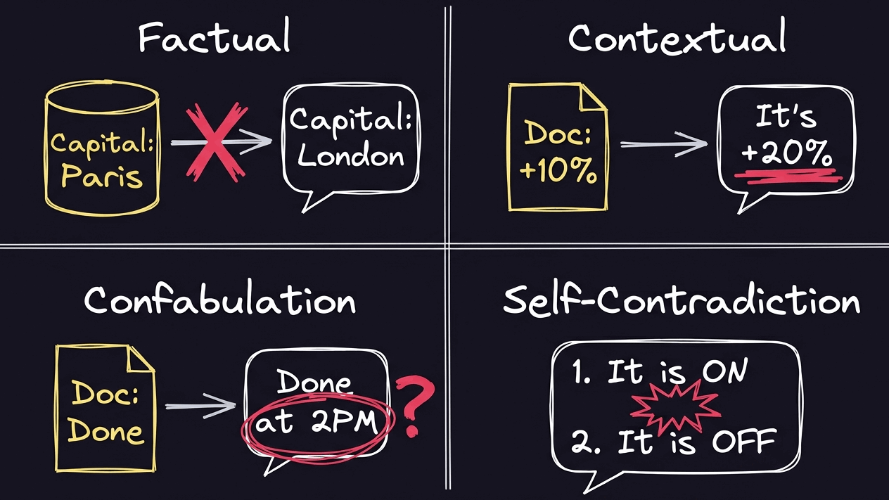 Schematic diagram showing the four common LLM hallucination types: factual, contextual, confabulation, and self-contradiction